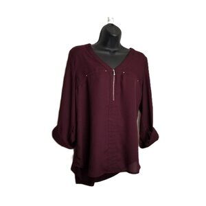 Fortune and Ivy Blouse M Wine Burgundy Zip Front 3/4 Sleeves Stretch